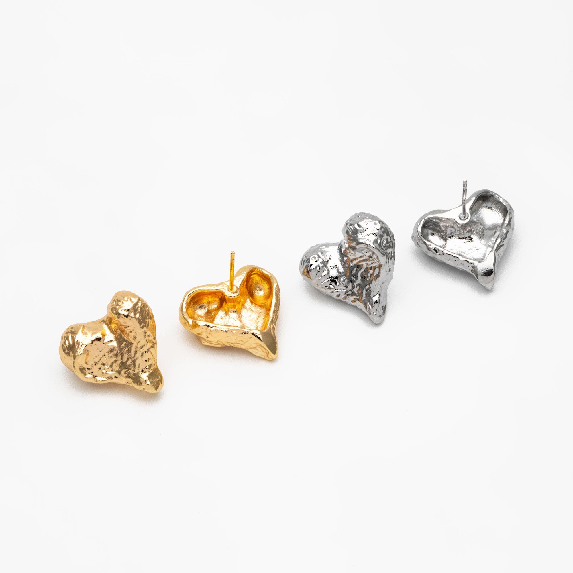 4pcs Gold/ Silver Hammered Heart Earrings, Real Gold/ Rhodium plated Brass, Geometric Earring Studs (GB-4307)
